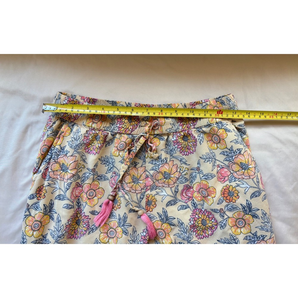 World Market Floral Jogger Pants Yellow Pink Boho Tassel Drawstring S/M - Picture 4 of 6